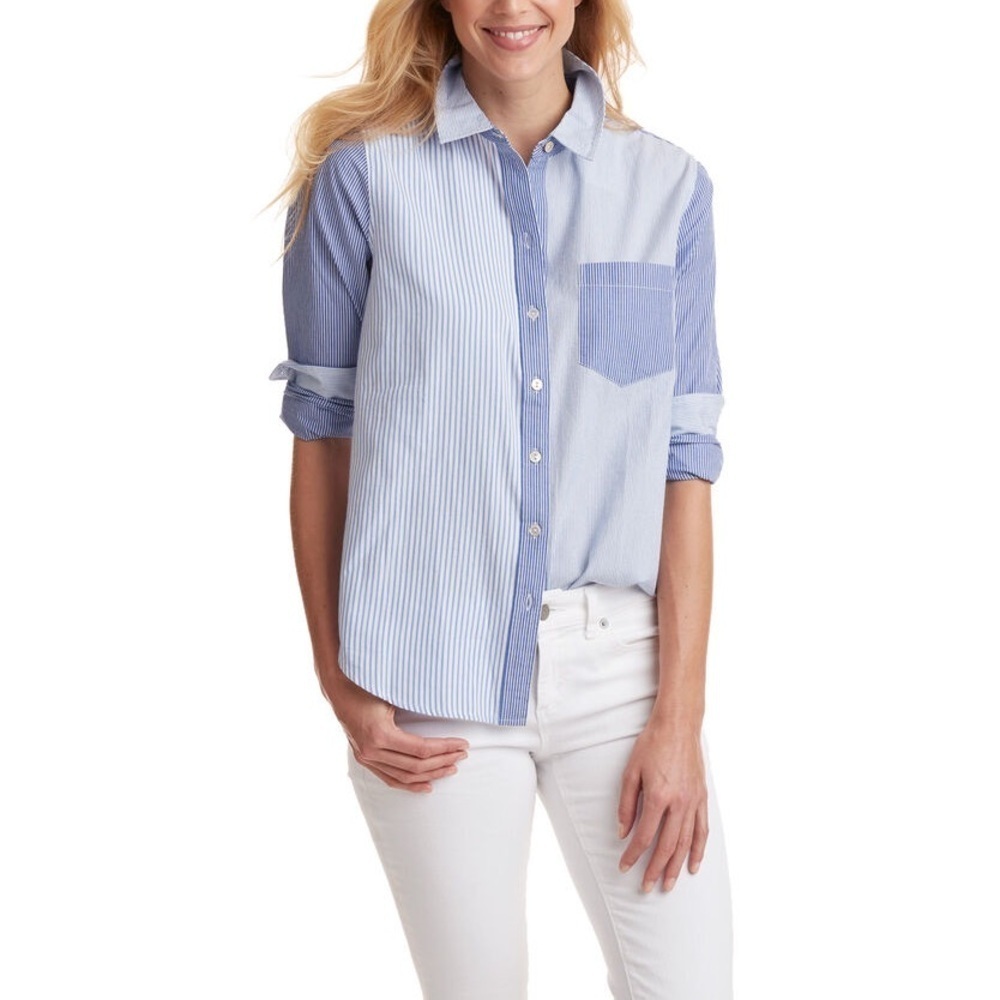 Vineyard Vines Blue White Stripe Mix Cotton Button Up Shirt Size 6 Preppy Classi